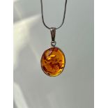 Large Silver Amber Pendant on Silver Chain