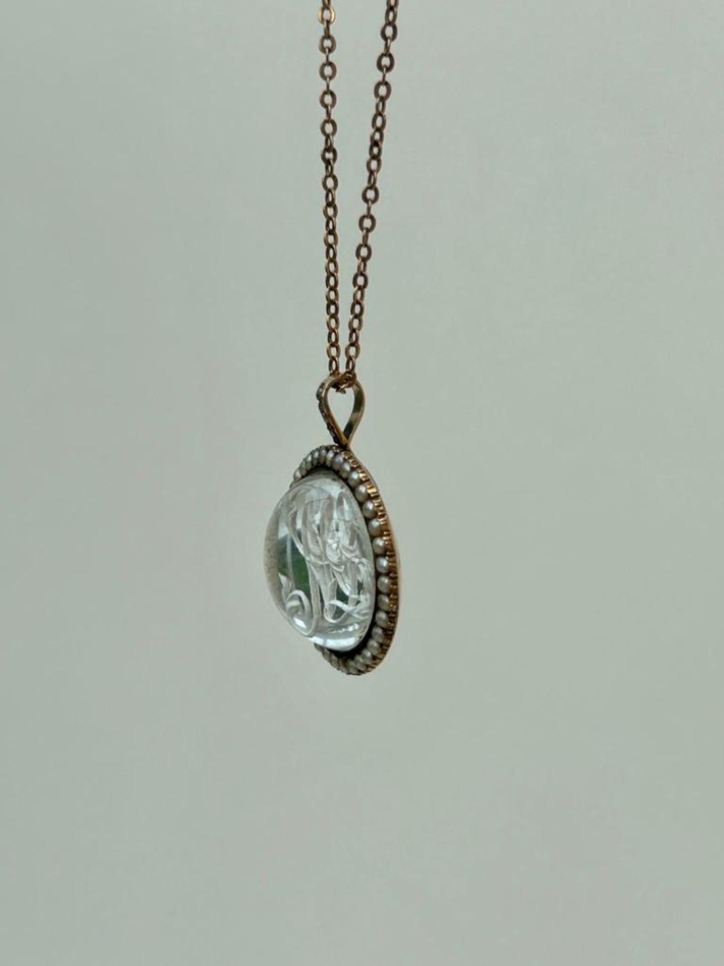 Antique Gold Domed Essex Crystal Monogram and Pearl Surrounded Pendant on Chain - Image 4 of 5