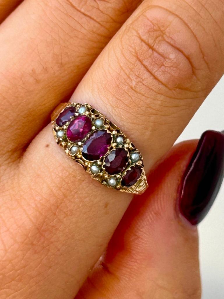 Antique 15ct Yellow Gold Ornate Amethyst and Pearl 5 Stone Ring - Image 8 of 8
