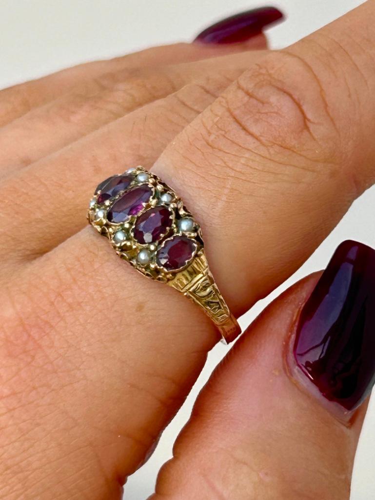 Antique 15ct Yellow Gold Ornate Amethyst and Pearl 5 Stone Ring - Image 2 of 8