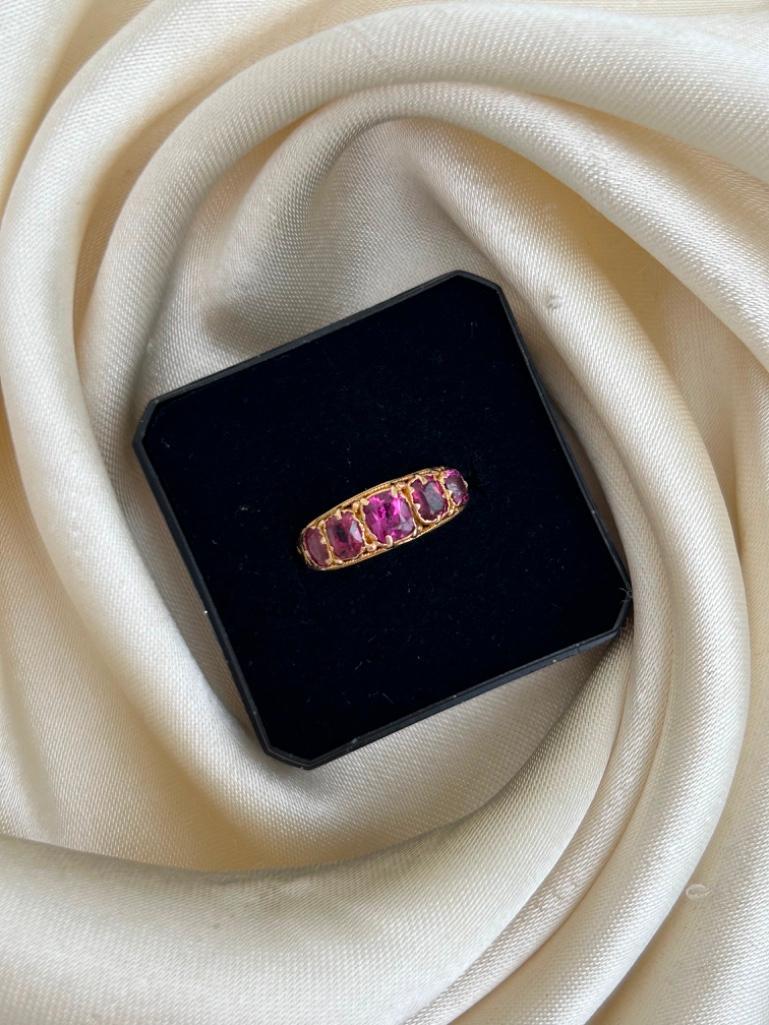 Antique 15ct Yellow Gold Amethyst 5 Stone Half Hoop Ring - Image 7 of 8