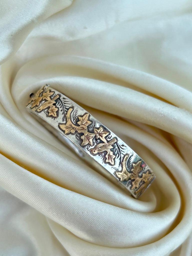 Antique Silver with Gold Over Lay Bangle Bracelet - Image 3 of 7