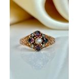 Antique 9ct Yellow Gold Garnet and Pearl Ring
