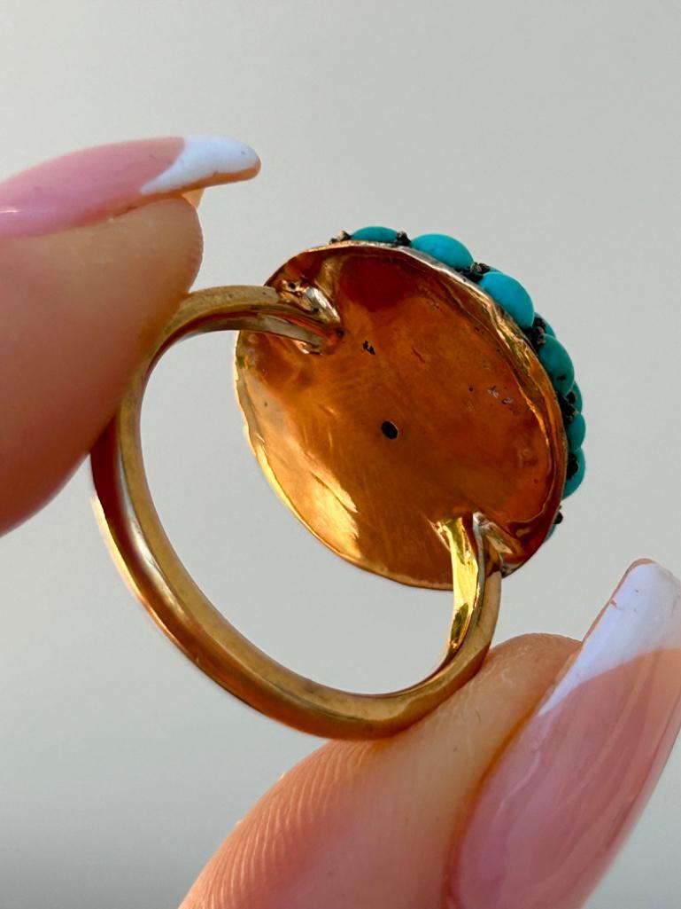 Antique 9ct Gold Turquoise Bombe Cluster Ring - Image 8 of 9