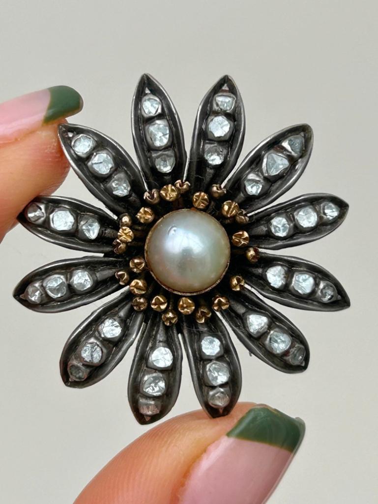 Antique Diamond and Pearl Large Flower Brooch
