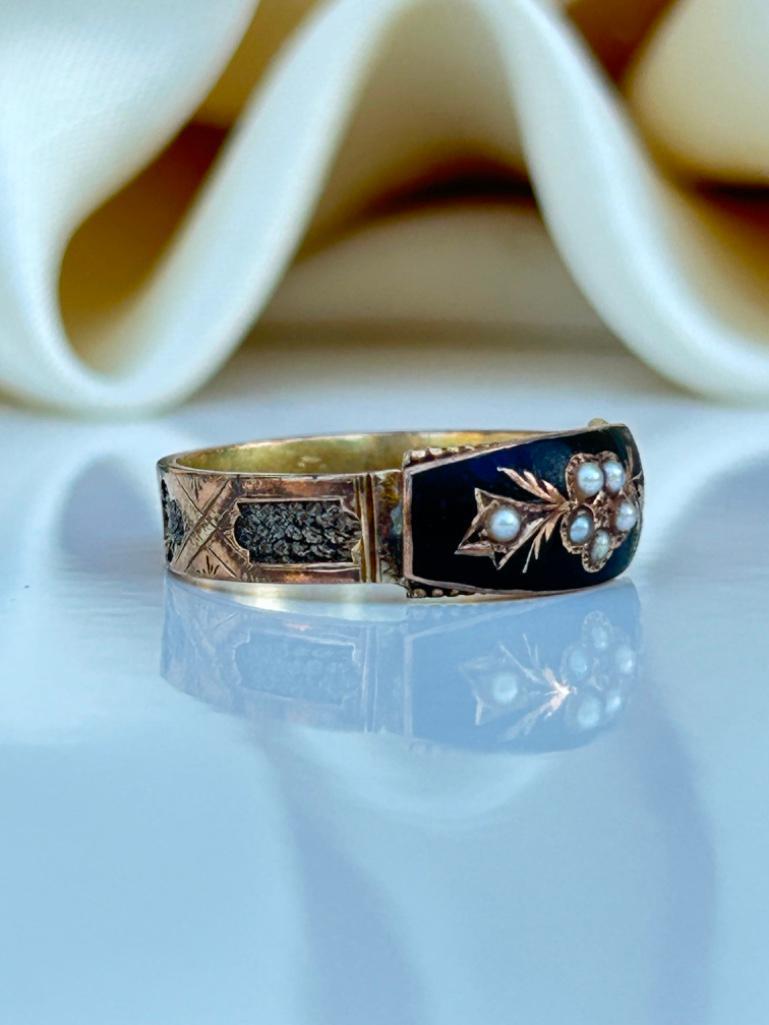 Antique 9ct Gold Black Enamel and Pearl Ring - Image 5 of 8