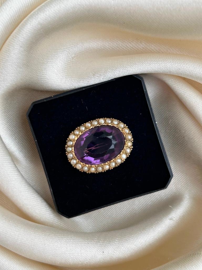 Antique Gold Amethyst and Pearl Brooch - Image 6 of 7