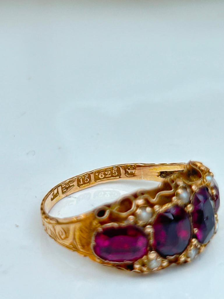 Antique 15ct Yellow Gold Garnet and Pearl Unusual Ring - Image 7 of 7