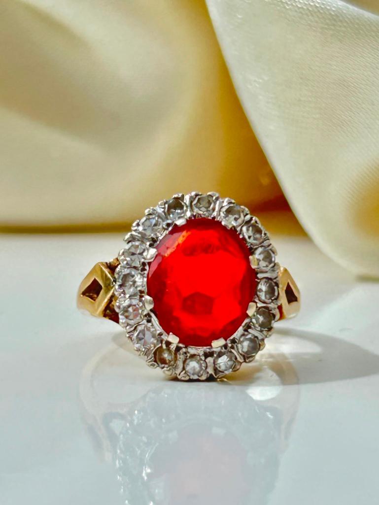 Very Rare Fire Opal and Diamond 18ct Yellow Gold Ring