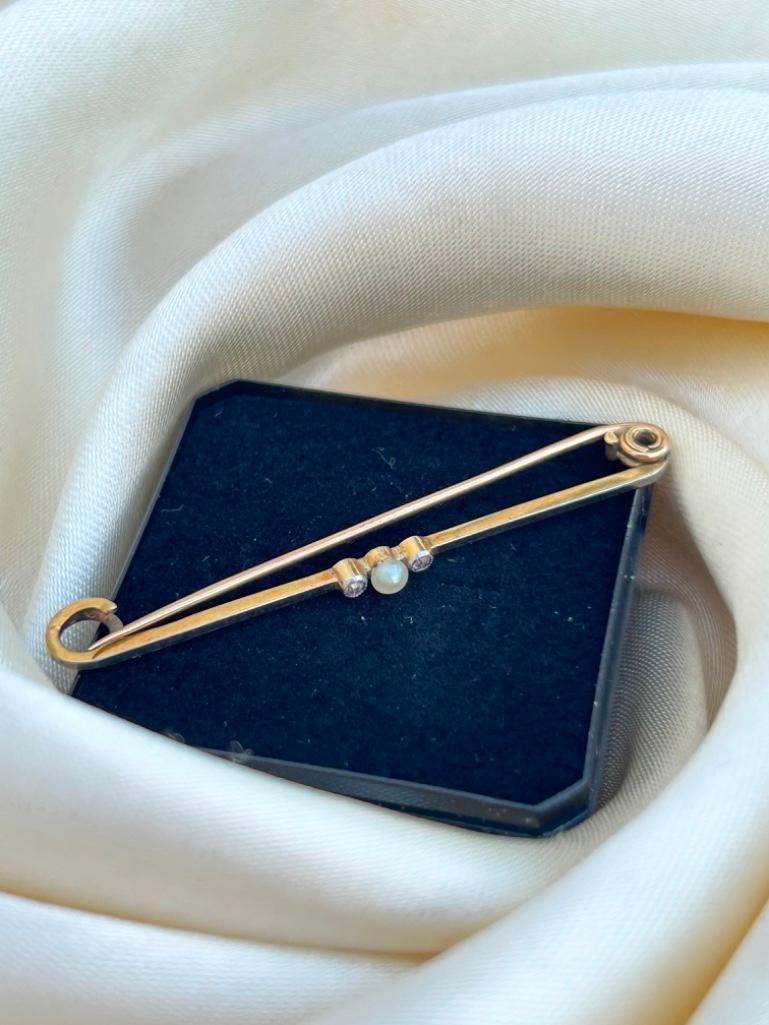 Antique 15ct Yellow Gold Diamond and Pearl Bar Brooch - Image 2 of 6