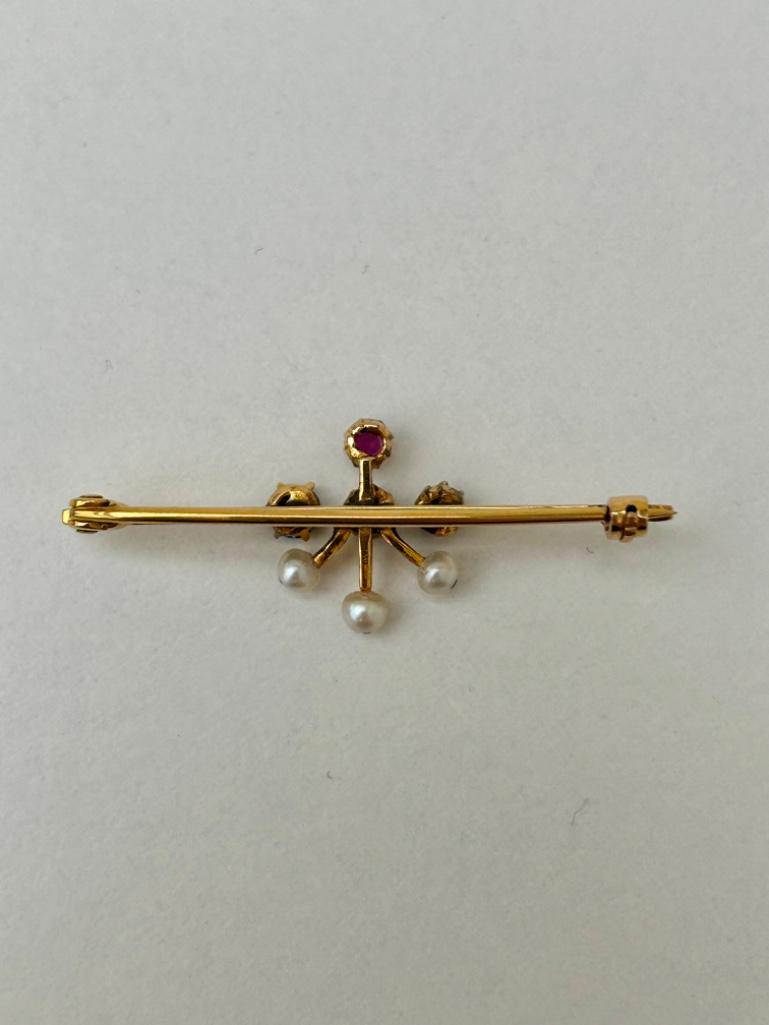 Antique Diamond Ruby Pearl and Sapphire Gold Bar Brooch - Image 5 of 6