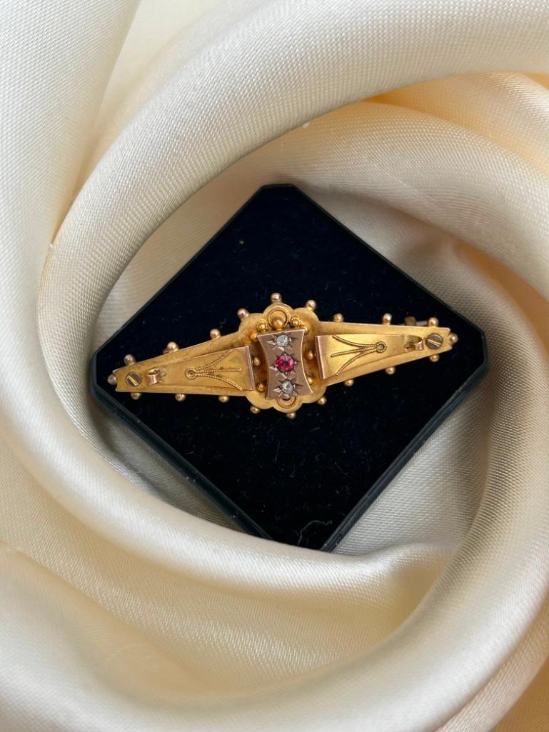 Antique Yellow Gold Ruby and Diamond 3 Star Bar Brooch - Image 3 of 6