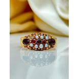 Antique 18ct Yellow Gold Garnet and Pearl Unusual Ring