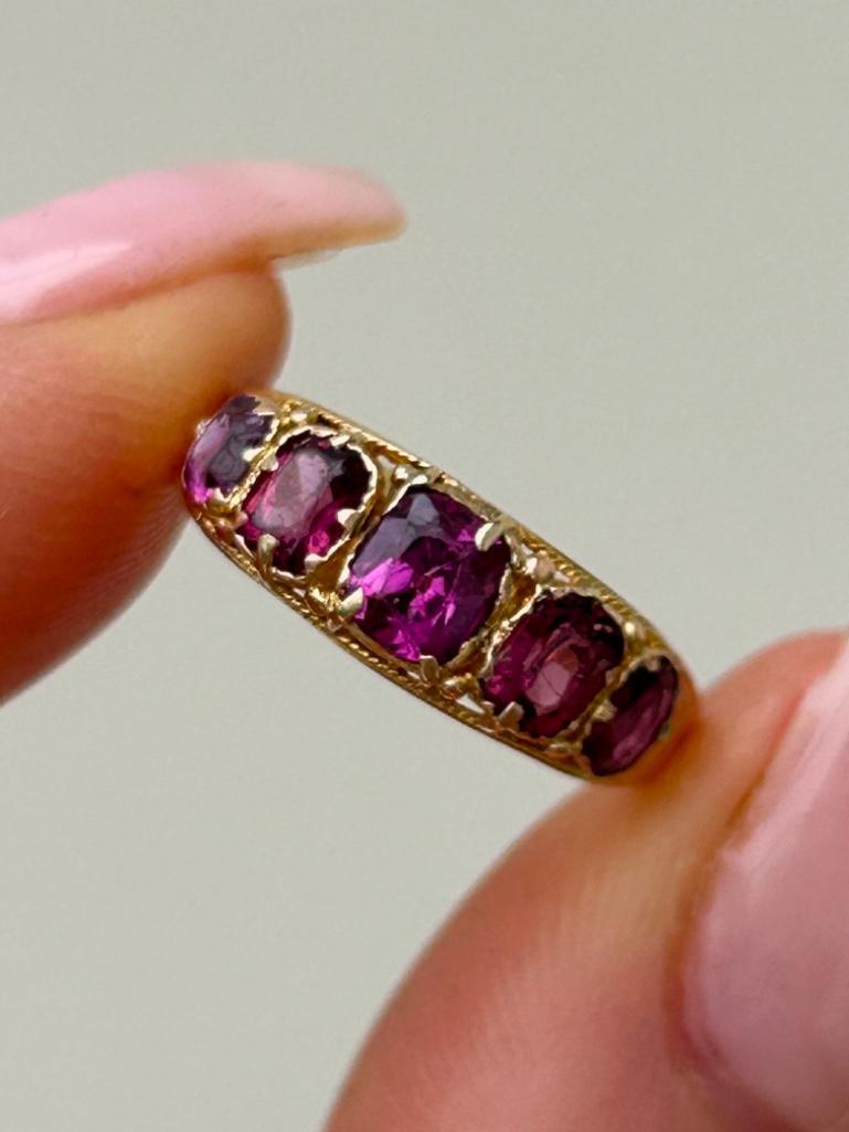 Antique 15ct Yellow Gold Amethyst 5 Stone Half Hoop Ring - Image 4 of 8