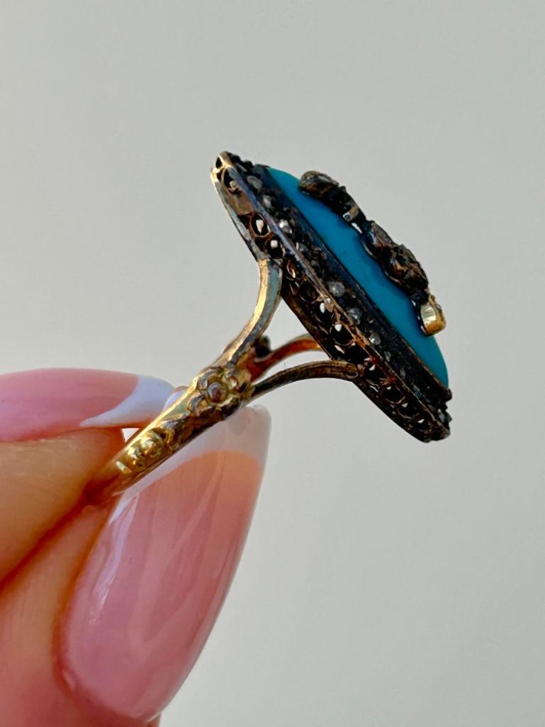 Amazing Antique Rose Cut Diamond and Blue Enamel Panel Ring in Gold - Image 5 of 8