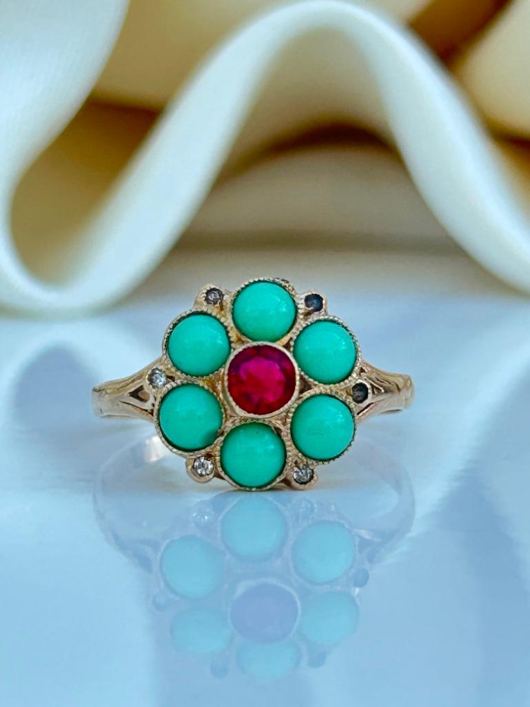 9ct Yellow Gold Turquoise and Garnet Flower Ring