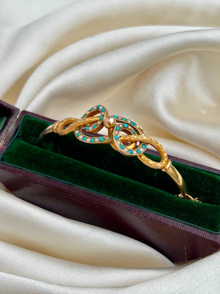 Antique 9ct Yellow Gold Turquoise and Pearl Bangle in Box - Image 4 of 8
