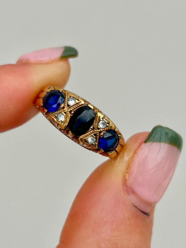 Yellow Gold Blue and White Stone 3 Stone Ring