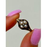 Antique 18ct Gold Black Enamel Pearl and Diamond Flower Mourning Ring