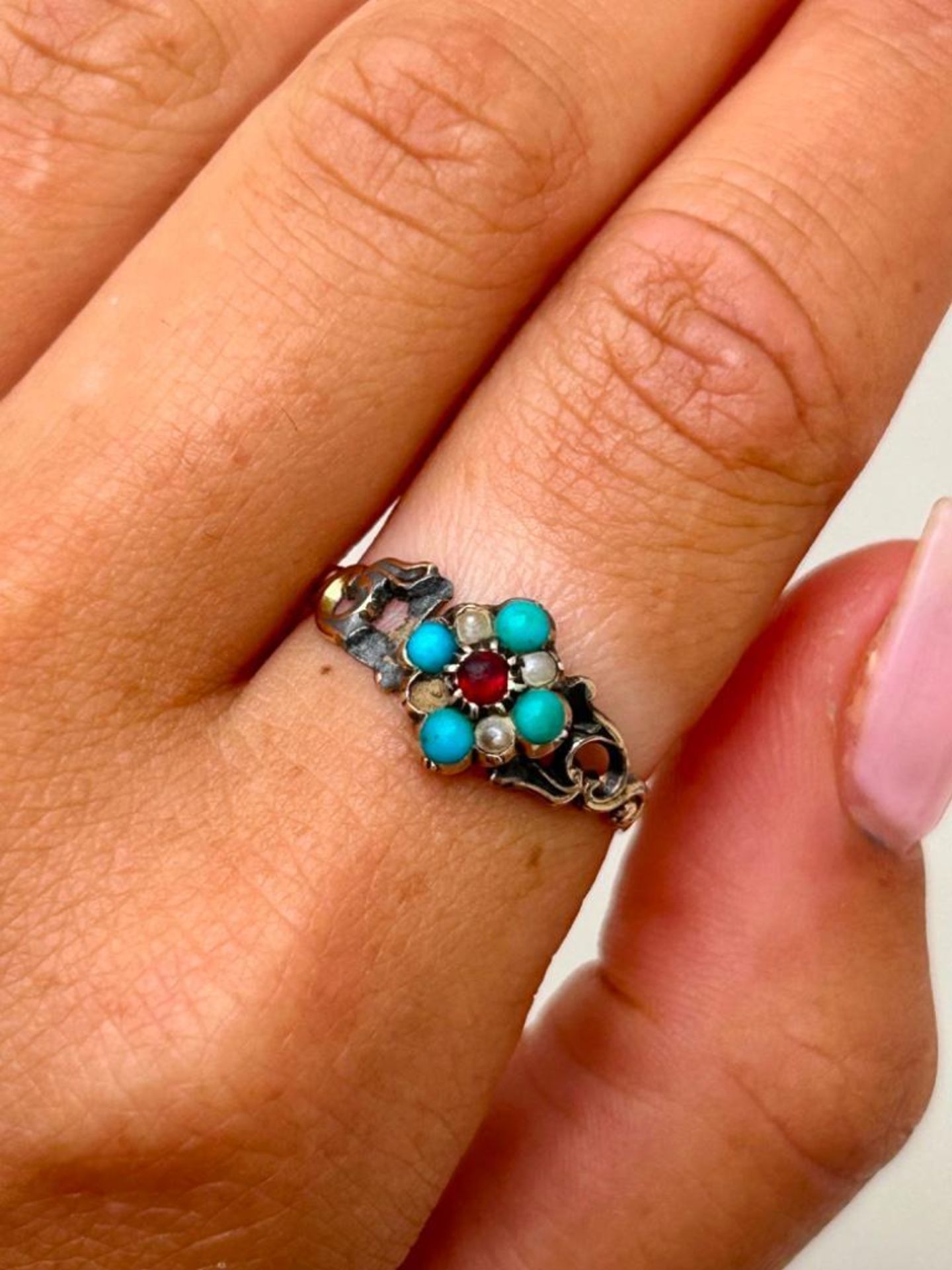 Antique Gold Turquoise Pearl and Garnet Flower Ring AF - Image 2 of 5