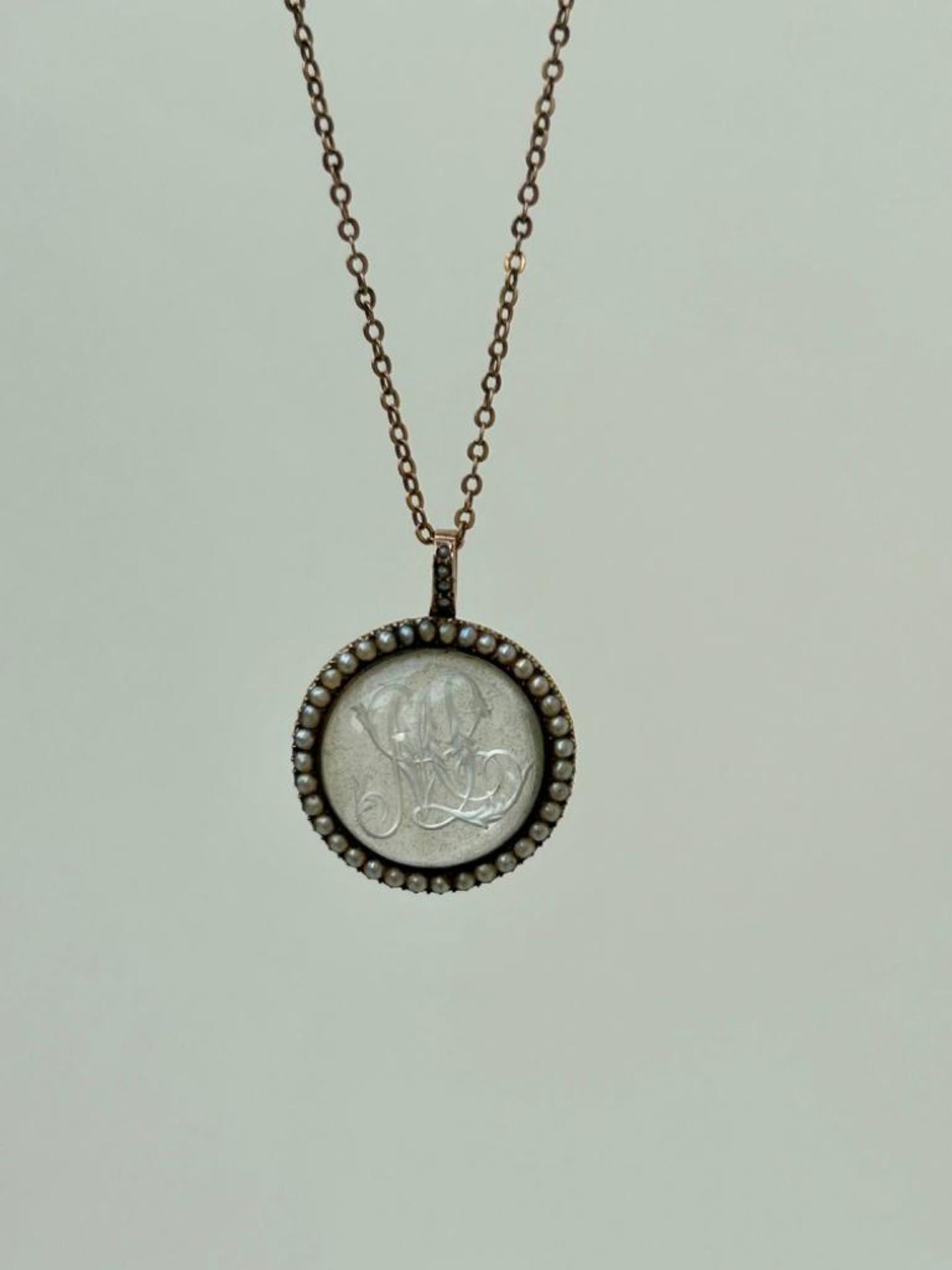 Antique Gold Domed Essex Crystal Monogram and Pearl Surrounded Pendant on Chain - Image 2 of 5