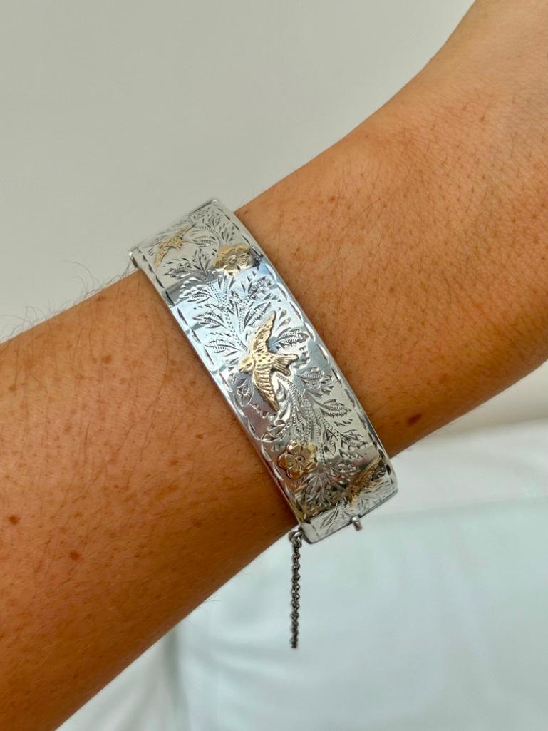 Antique C.1959 Smith and Pepper Silver and Gold Overlay Aesthetic Bangle Bracelet - Image 2 of 6
