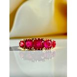 Antique 18ct Yellow Gold Chunky Pink Tourmaline and Diamond 5 Stone Ring