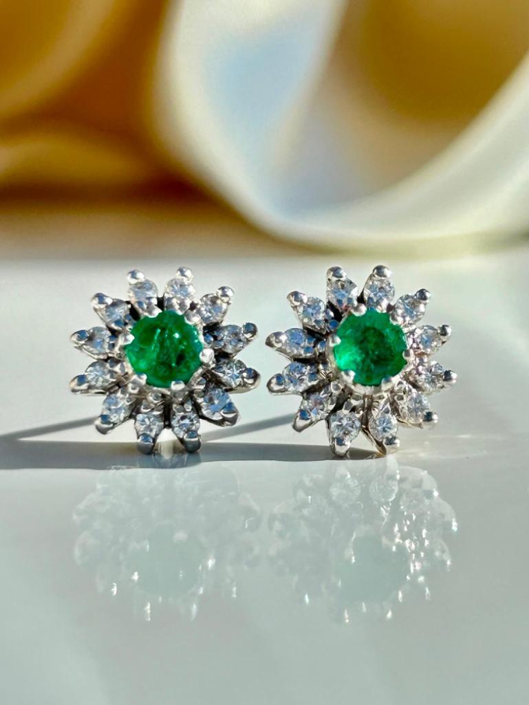 Outstanding 18ct White Gold Emerald and Diamond Flower Large Cluster Earrings