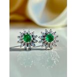 Outstanding 18ct White Gold Emerald and Diamond Flower Large Cluster Earrings