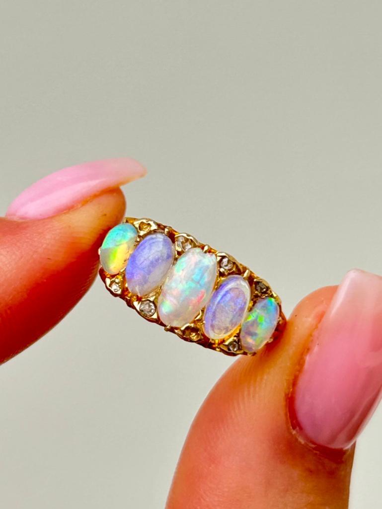 Antique Opal 5 Stone Ring with Diamonds Points - Image 3 of 8