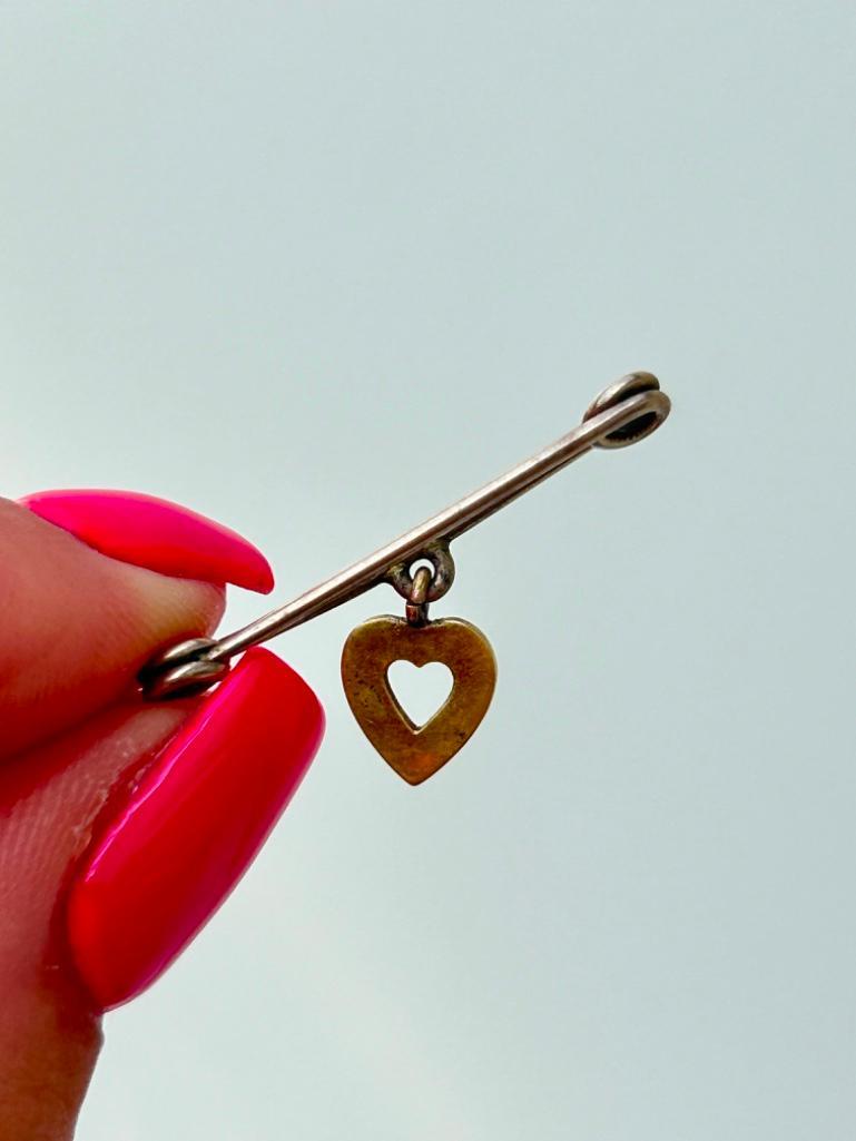 Antique Sweet Gold Safety Pin Brooch with Pearl Hanging Heart - Image 4 of 4