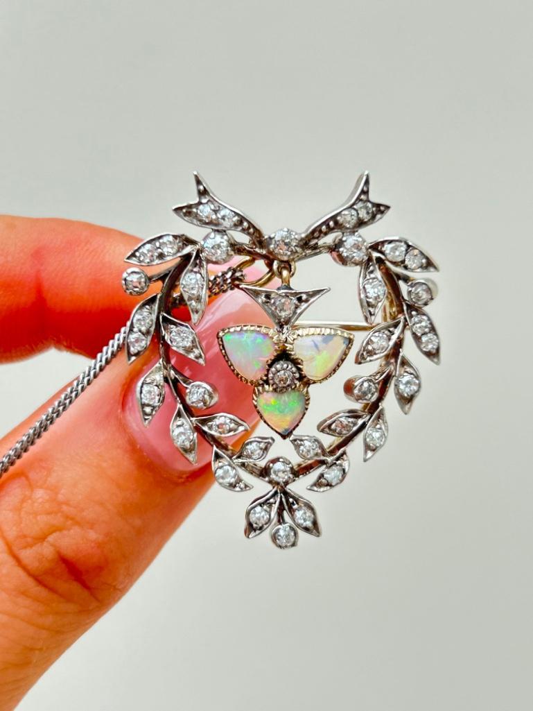 Incredible Antique Opal and Diamond Pendant on Platinum Chain in Original Fitted Box
