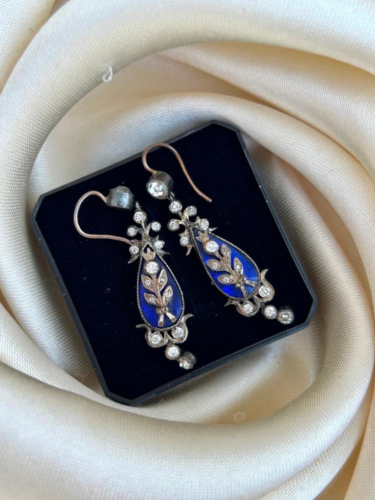 Victorian Blue Enamel and Paste Silver Earrings