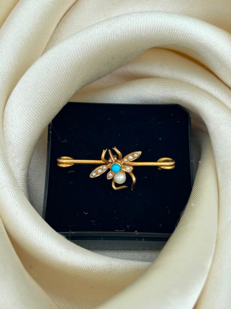 Antique 15ct Yellow Gold Pearl and Turquoise Bug Safety Pin Brooch - Image 3 of 5