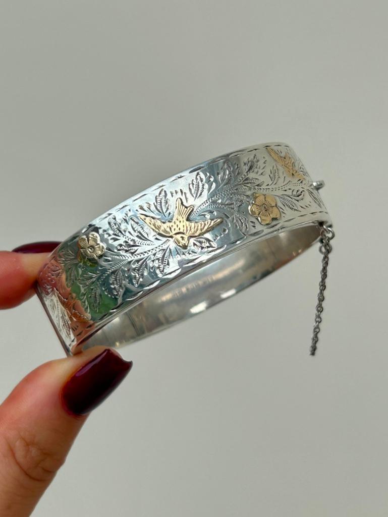 Antique C.1959 Smith and Pepper Silver and Gold Overlay Aesthetic Bangle Bracelet - Image 4 of 6