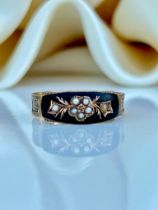 Antique 9ct Gold Black Enamel and Pearl Ring