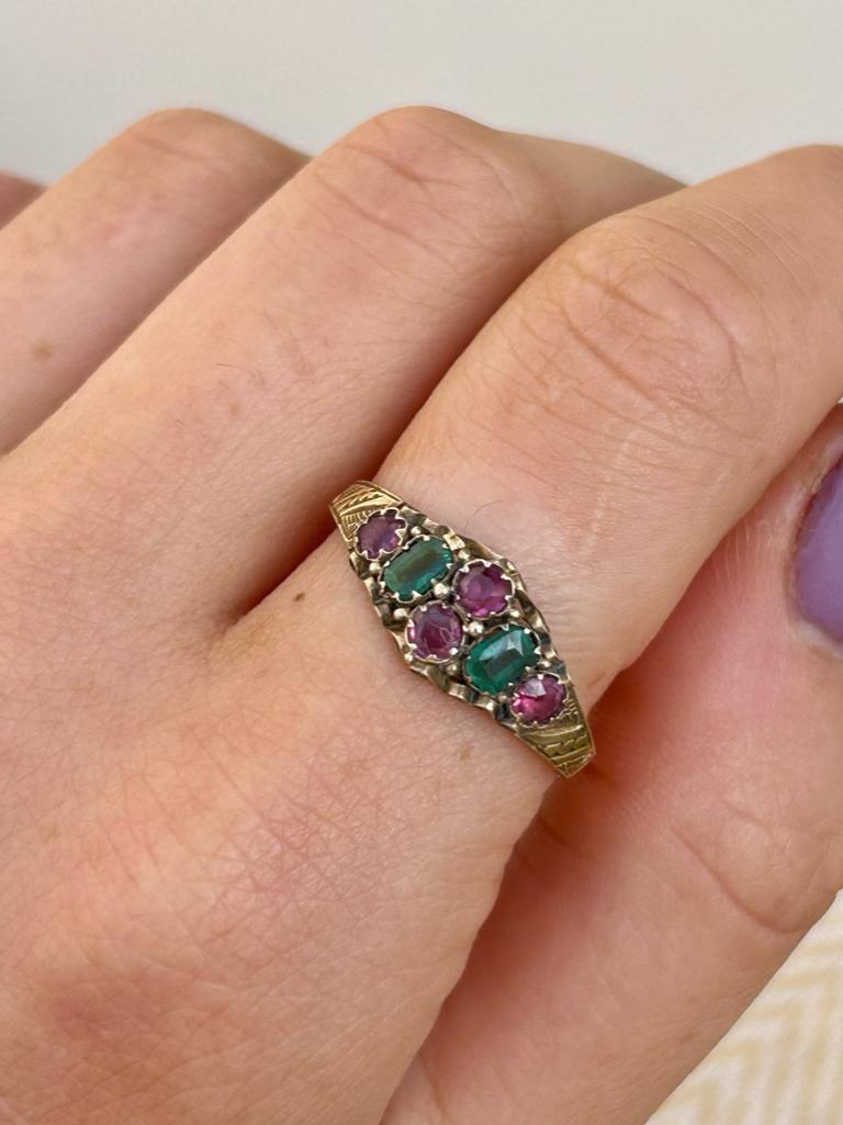 Antique 15ct Yellow Gold Amethyst and Emerald Ring - Bild 2 aus 6