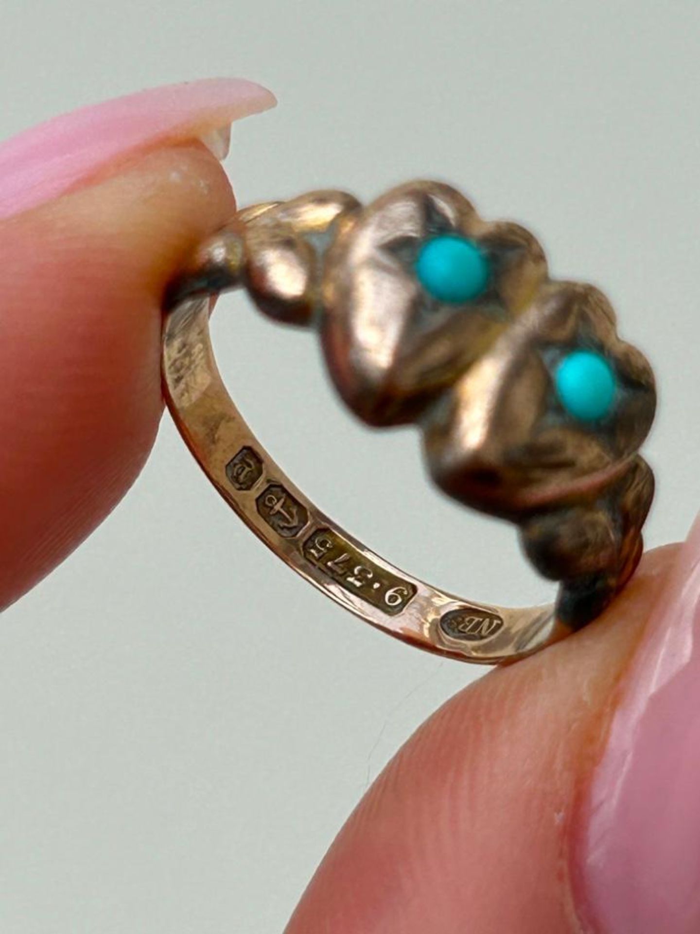 Antique 9ct Gold Turquoise Double Hearts Ring - Image 5 of 6