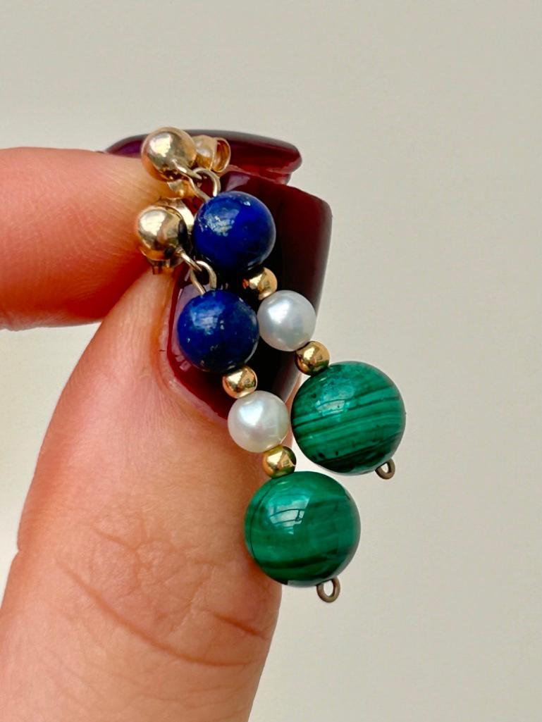 9ct Yellow Gold Malachite, Pearl and Lapis Lazuli Drop Earrings - Image 3 of 4