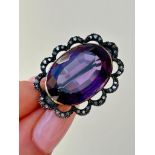 Chunky Antique 19ct Amethyst and Rose Cut Diamond Pretty Brooch in Gold