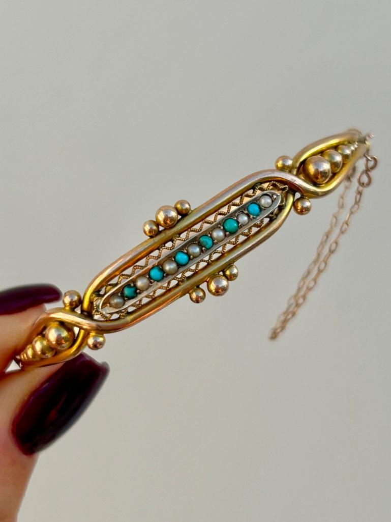 Wonderful Antique Pearl and Turquoise Bangle Bracelet - Image 5 of 7