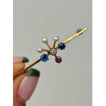 Antique Diamond Ruby Pearl and Sapphire Gold Bar Brooch