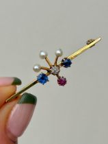 Antique Diamond Ruby Pearl and Sapphire Gold Bar Brooch