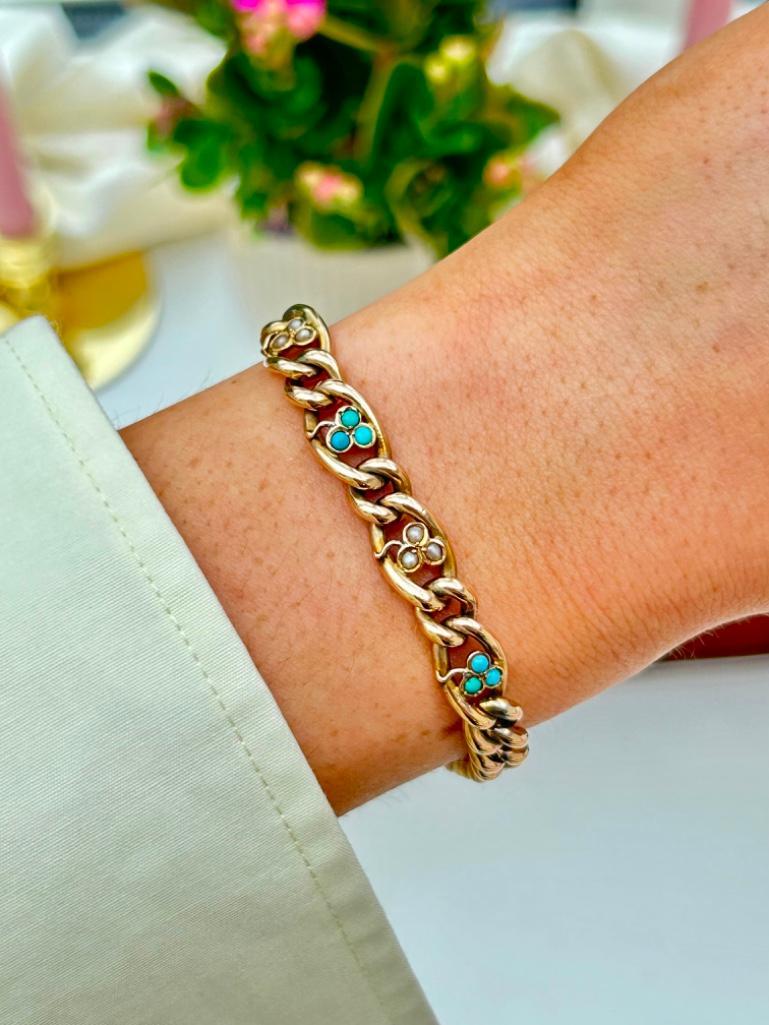 Antique 9ct Gold Curb Bracelet with Turquoise and Pearl Clovers