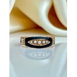 Antique Gold Black Enamel Locket Back Pearl Ring