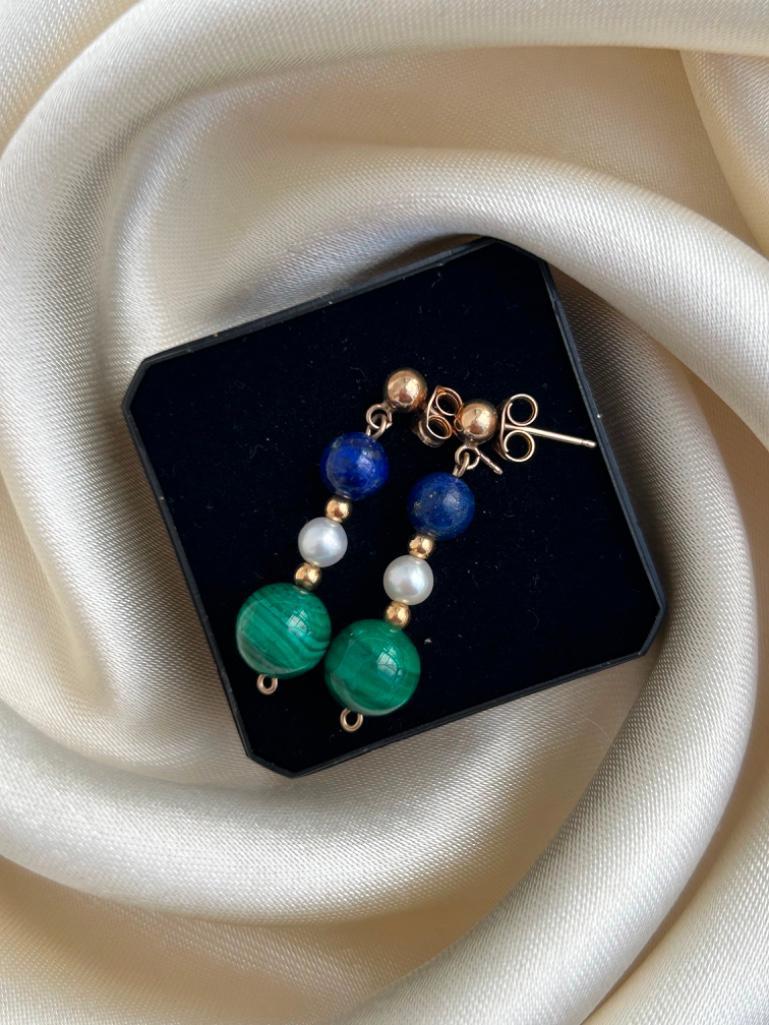 9ct Yellow Gold Malachite, Pearl and Lapis Lazuli Drop Earrings - Image 4 of 4