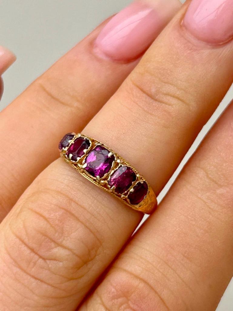 Antique 15ct Yellow Gold Amethyst 5 Stone Half Hoop Ring - Image 2 of 8