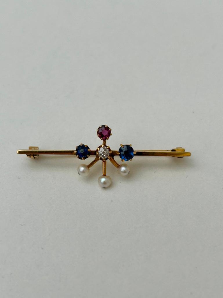 Antique Diamond Ruby Pearl and Sapphire Gold Bar Brooch - Image 4 of 6