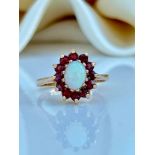 Vintage 9ct Yellow Gold Garnet and Opal Flower Ring