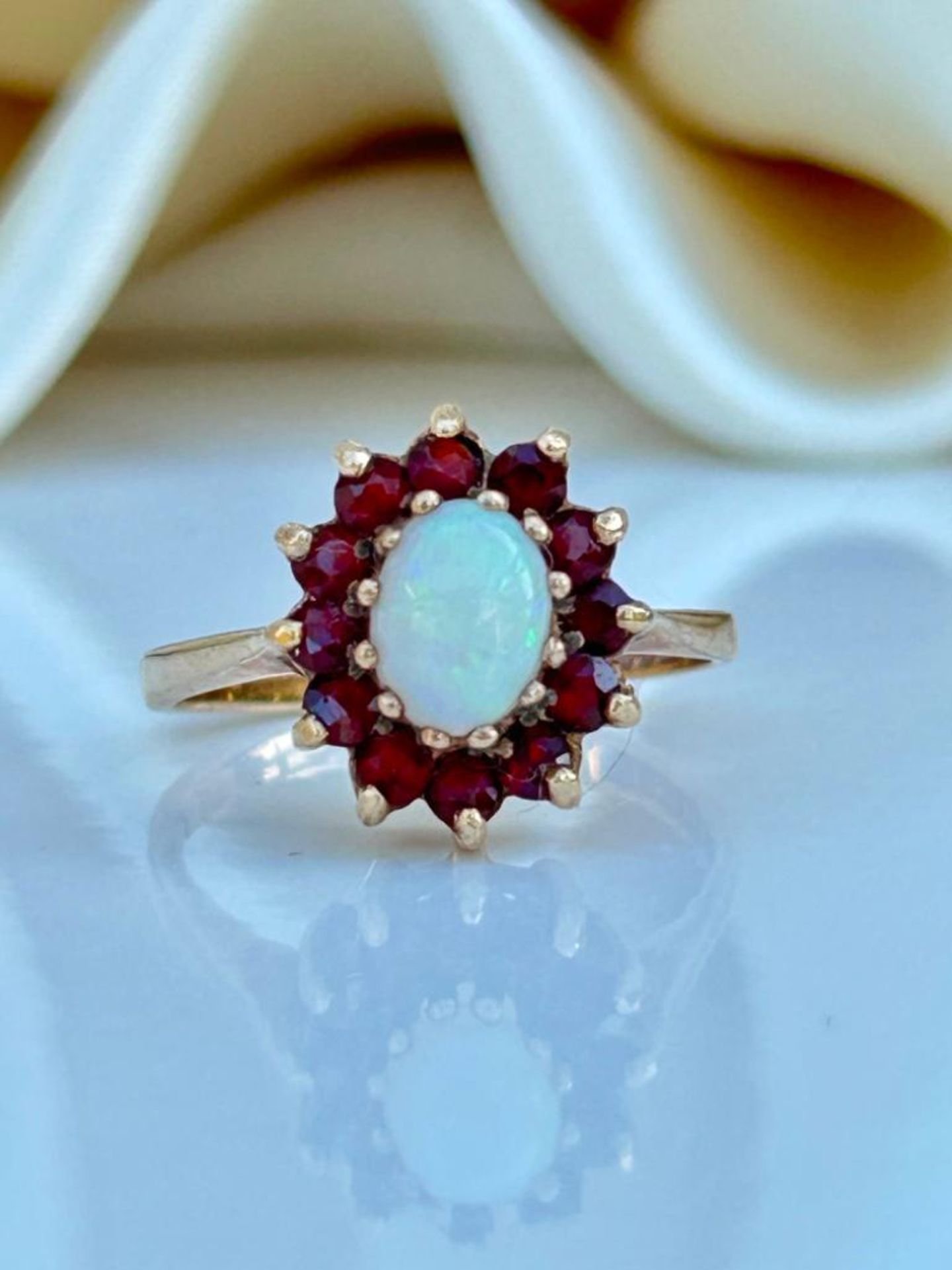 Vintage 9ct Yellow Gold Garnet and Opal Flower Ring